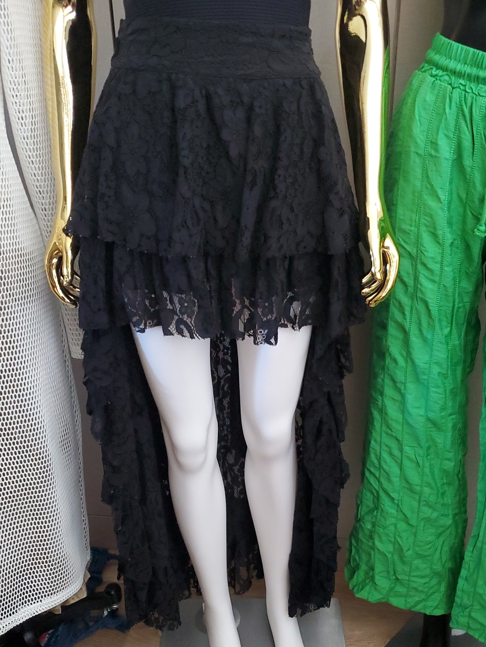 Vintage TOV Holy Soft & Thick Black Lace Tiered Hi-Lo Skirt with Long Tie Belt
